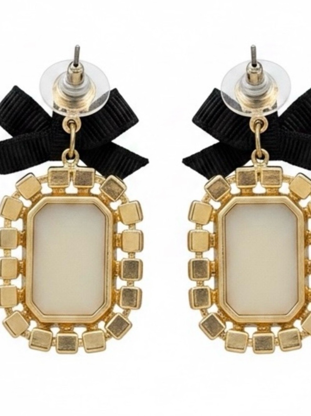 Betsey Johnson Pink Crystal Drop Earrings with Black Ribbon Bow - Picture 3 of 3